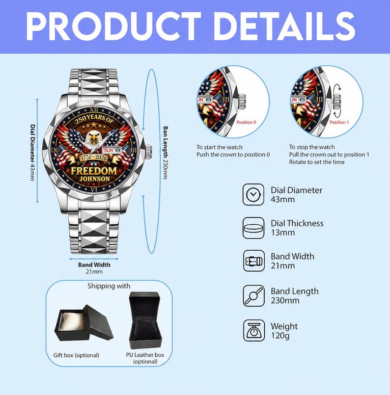 Puede incluir: Un reloj de pulsera plateado con una esfera detallada que presenta un &aacute;guila, banderas americanas y el texto "250 YEARS OF FREEDOM". El reloj tiene un di&aacute;metro de esfera de 43 mm y un ancho de banda de 21 mm. La longitud de la banda es de 230 mm. El reloj pesa 120g.