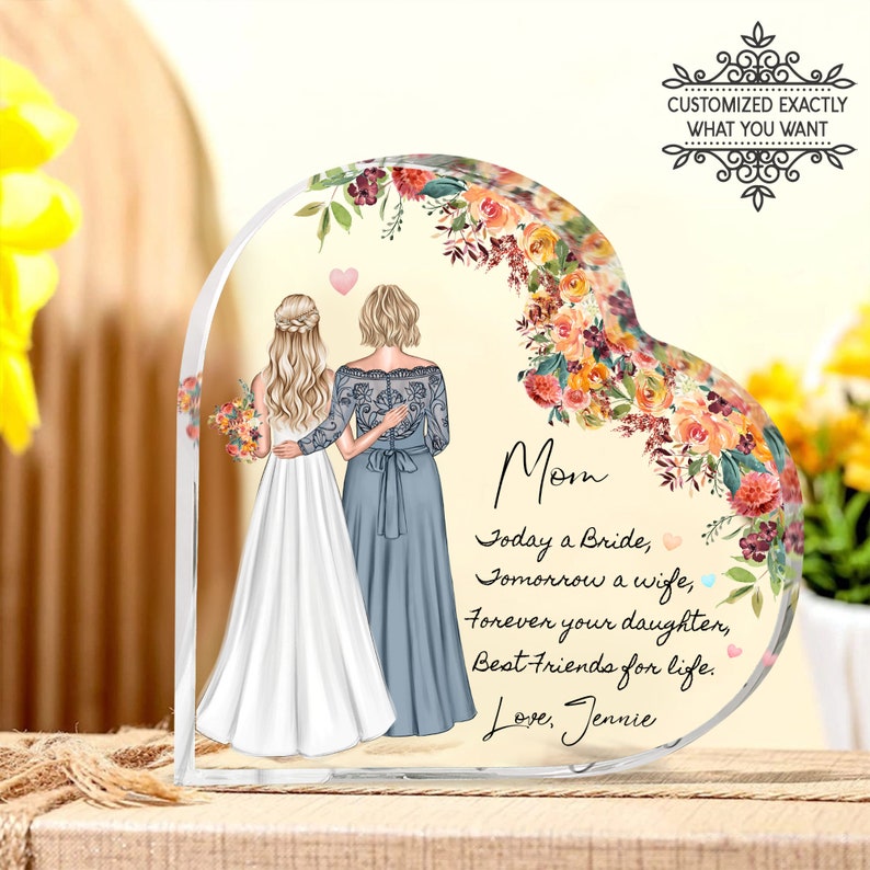 Personalized mother of the bride gift from daughter, Custom Drawn Attire wedding gift for mom, mom and daughter Heart Acrylic Plaque image 1