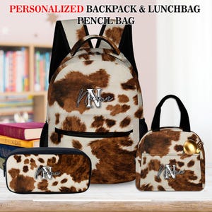 Sac à dos et sac à lunch cowboy avec nom personnalisé, cadeaux de rentrée, cartable marron imprimé peau de vache, sac à dos de style occidental, sac à lunch