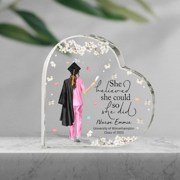 Placa acrílica de corazón de graduación de enfermera personalizada, regalo de graduación de enfermera, impresión de enfermera personalizada, regalo para enfermera, nuevo regalo de enfermera