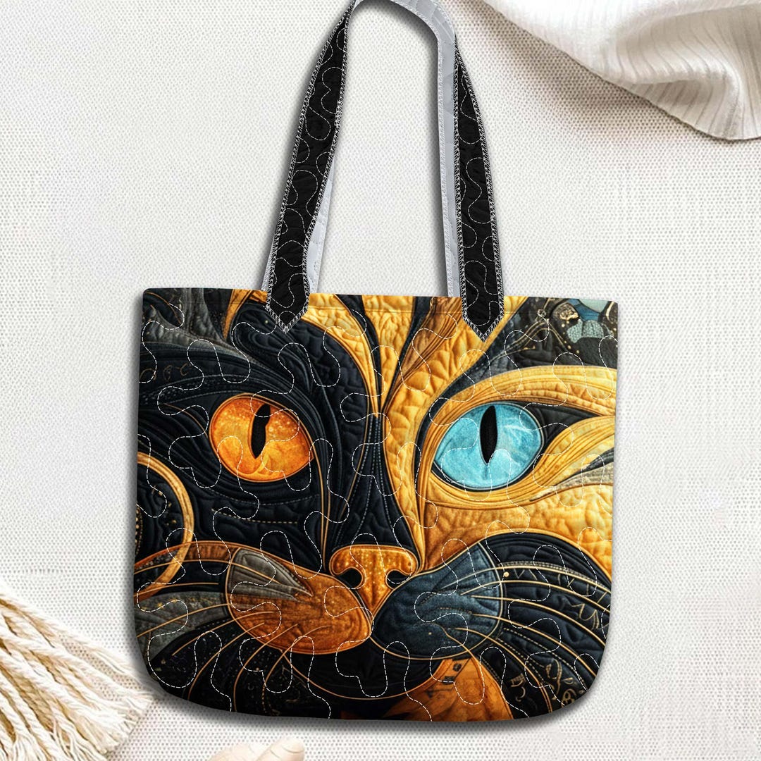 Art Cat Quilted Tote Bag – Quilted Style Cat Face Bag, Colorful