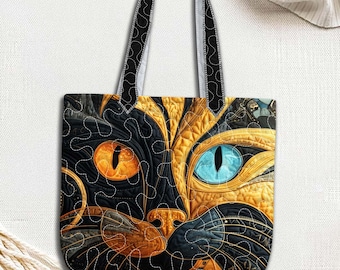 Art Cat Quilted Tote Bag – Quilted Style Cat Face Bag, Colorful Cat Lover Tote, Artistic Kitty Handbag, Unique Cat Gift