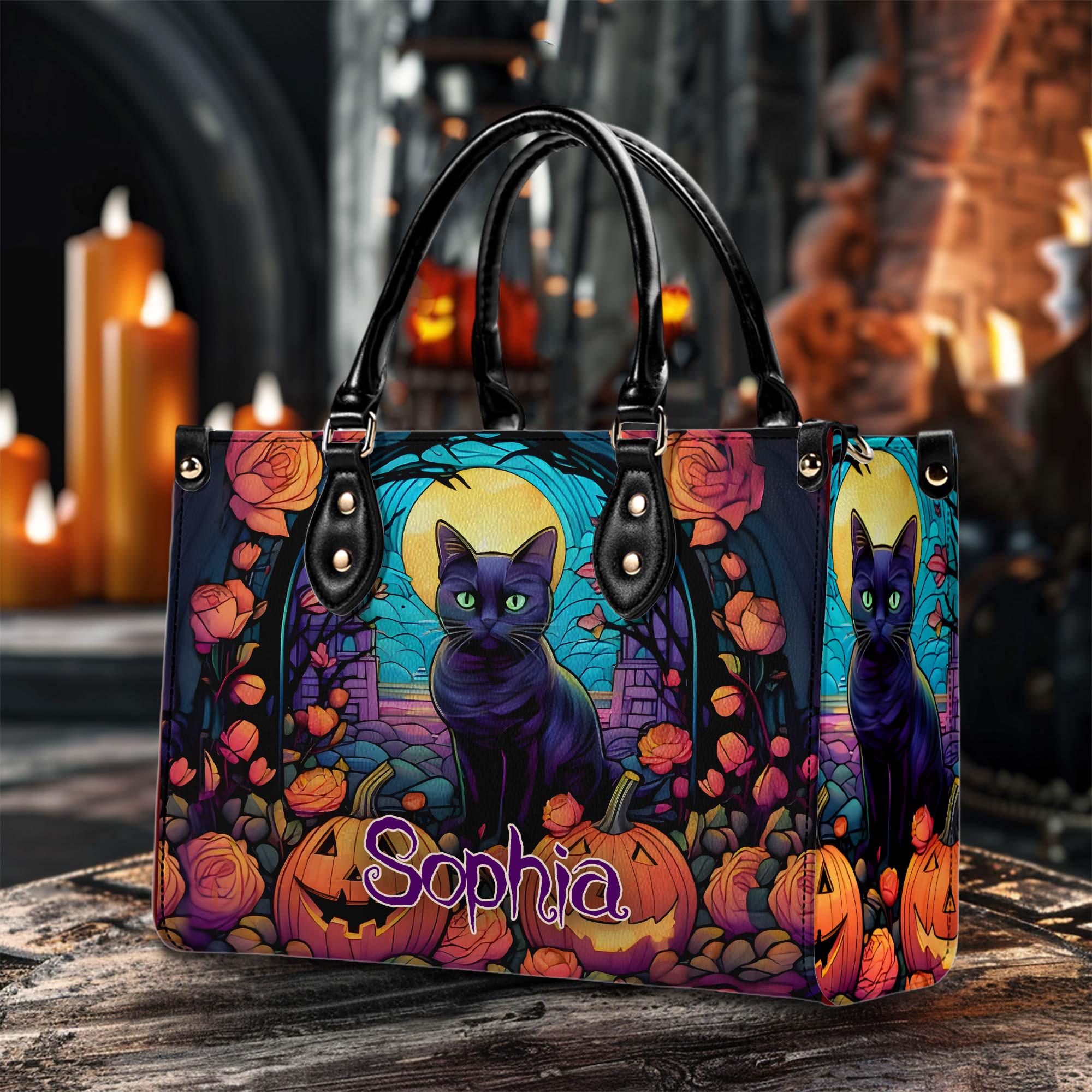 Discover Stained Glass Halloween Leather Handbag With Handle, Halloween Black Cat Handbag, Halloween Raven Handbag