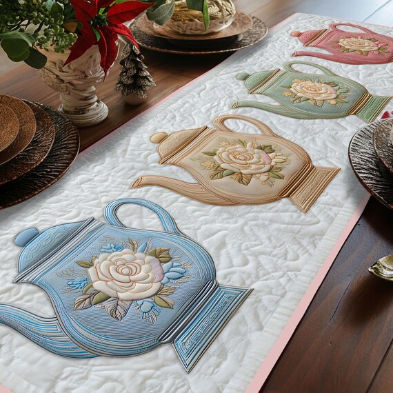 Vintage Teapot Quilted Table Runner – Floral Kitchen Decor, Tea Party Tablecloth, Elegant Dining Gift for Tea Lovers