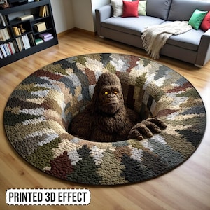 Bigfoot Illusion Round Rug, Printed 3D Bigfoot Carpet, Unique Forest Monster Design Floor Mat, Funny Home Decor for Living Room or Man Cave