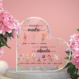 Personalized Spanish Abuela Gift For Grandma Heart Acrylic Plaque, Custom Birth Month Flowers, Primero Madre, Ahora Abuela, Abuelita Gifts image 2