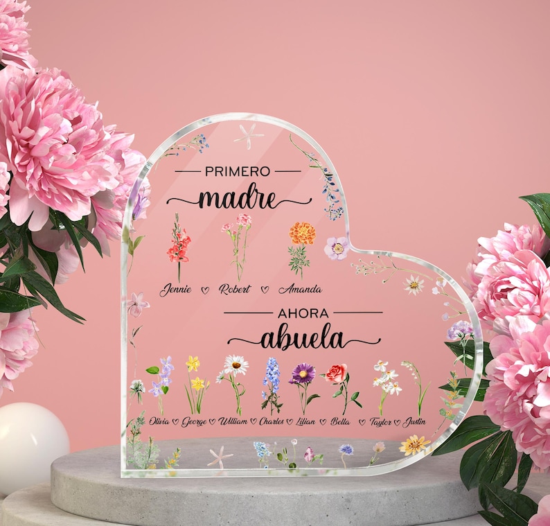 Personalized Spanish Abuela Gift For Grandma Heart Acrylic Plaque, Custom Birth Month Flowers, Primero Madre, Ahora Abuela, Abuelita Gifts image 2