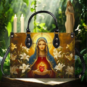 Virgin Mary PU Leather Handbag With Handle, Christian Bags, Religious Gift For Women, Christmas Gift For Jesus Lover, Religious Catholic Bag