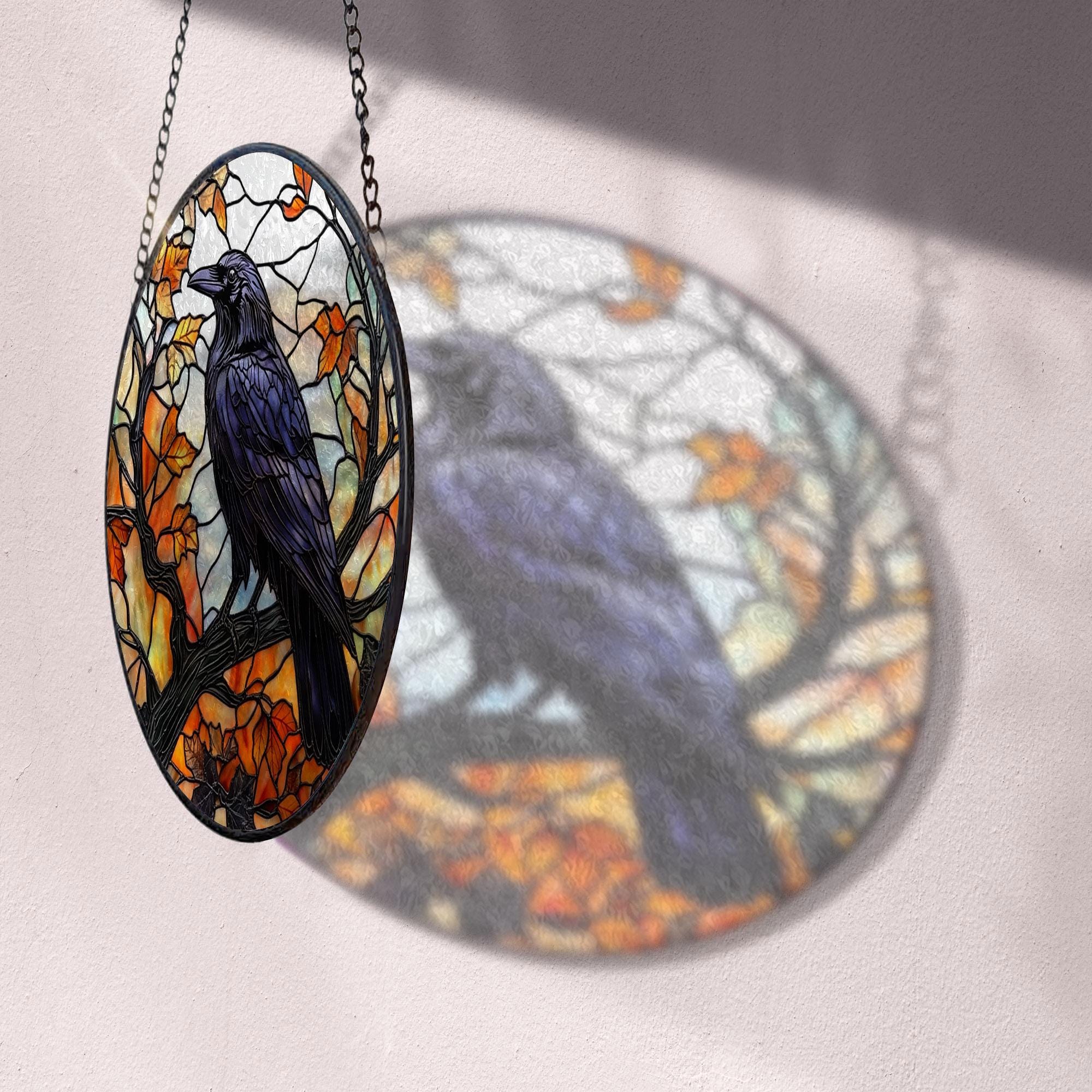 Buntglas-Krähe Auf Mond Fensterbehang - Handgefertigter Sonnenfänger Für Gothic & Halloween-Deko