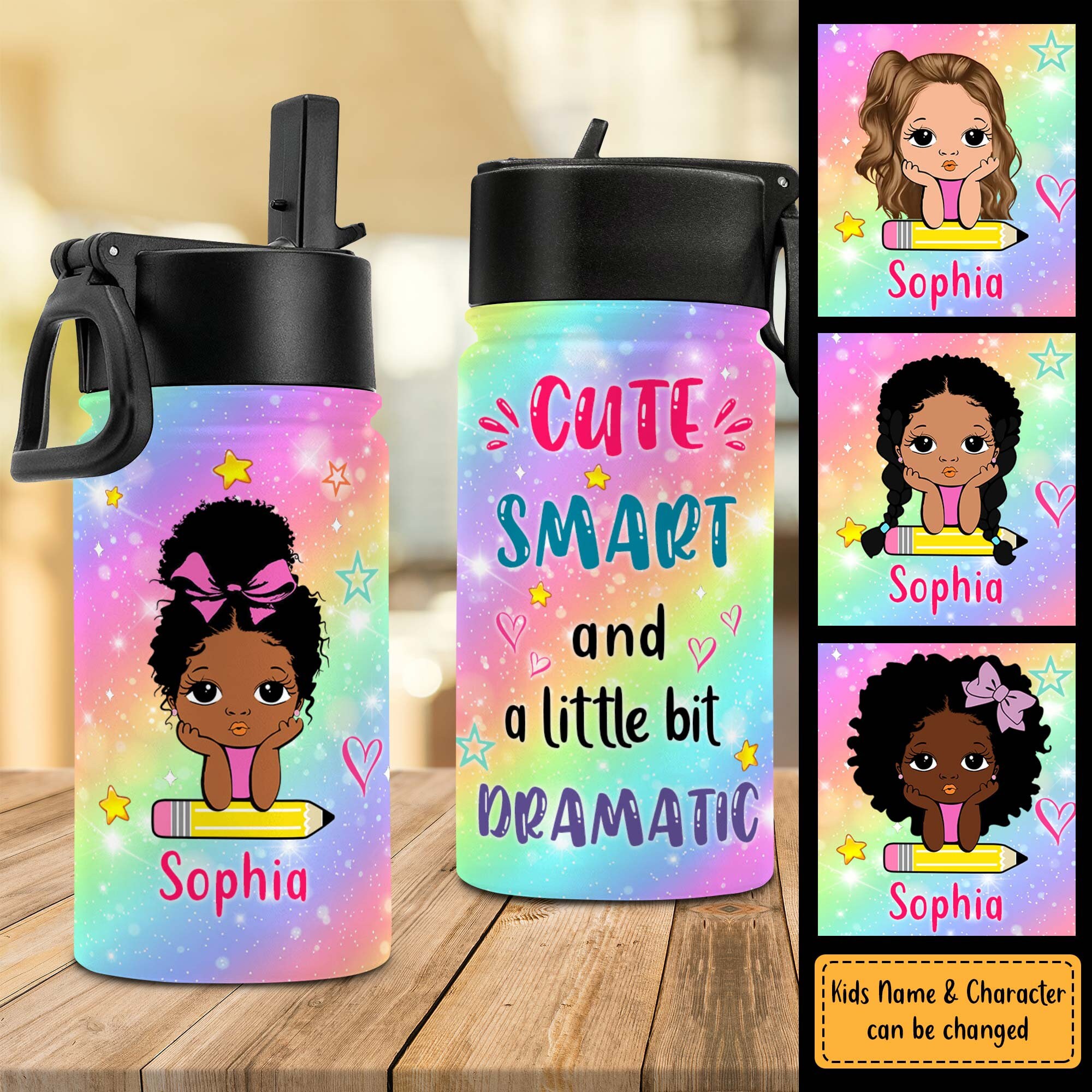 Personalized 11 Oz Water Bottle With Straw Lid For African American Kids, Little Black Girl Bottle, Back To School Gift, Graduation Gift