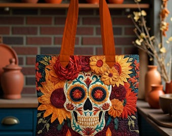 Sugar Skull Quilted Tote Bag, Dia de los Muertos Floral Skull Handbag, Colorful Mexican Day of the Dead Tote, Unique Boho Art Shoulder Bag