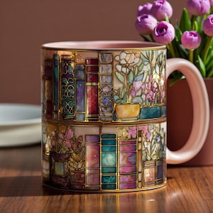 Può includere: Una tazza decorativa in ceramica con manico e bordo rosa. La tazza presenta un design a vetrata di librerie e piante in vaso nei toni del rosa, verde, blu e oro. La tazza è su una superficie di legno.
