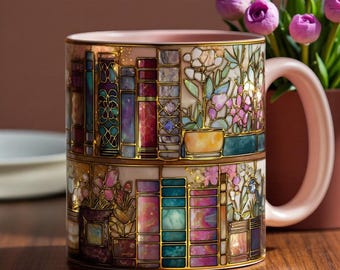 Taza con estantería de vitrales falsos, taza de café para amantes de los libros, taza con arte floral de biblioteca, regalo para lectores, taza estética de libros