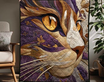 Personalized 3D Purple Cat Face Quilt Blanket with Name – Artistic Feline Throw – Custom Gift for Cat Lovers