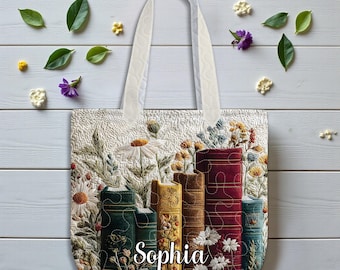 Personalized Book Lover Quilt Bag, Quilted Style Library Bag, Custom Floral Book Spine Tote for Readers