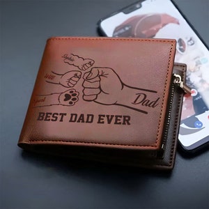 Cartera de cuero personalizada para mascotas Fist Bump Dad Kids, cartera de cuero masculina con nombre de familia personalizado, regalo del Día del Padre para papá, cartera para hombres