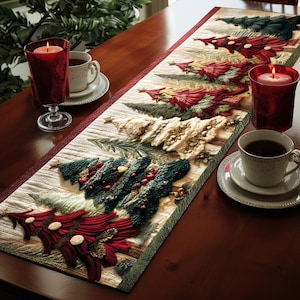 May include: A festive Christmas table runner featuring embroidered Christmas trees in red, green, and cream. The runner is placed on a dark wooden table, with red candles and teacups on either side.