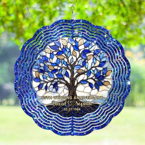 Personalized 65th Wedding Anniversary Wind Spinner, 65 Blue Sapphire Wedding Garden Decor Gift For Parents, 65 Anniversary, Husband Gift