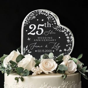 Adorno para tarta de 25.º aniversario de bodas personalizado, adorno acrílico para tarta de bodas de plata, placa acrílica con forma de corazón para aniversario.