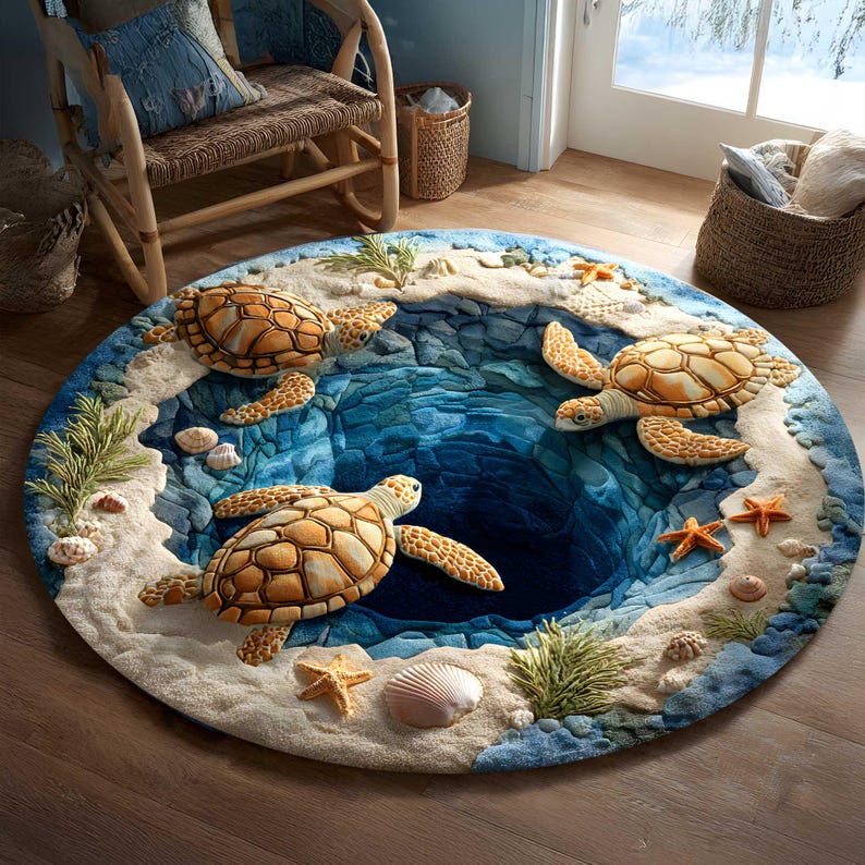 3D Effect Print Turtle Rug, Ocean Animal Round Rug, Marine Life Home ...