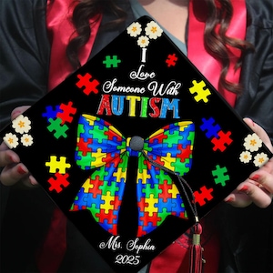 Personalized Autism Colorful Puzzle Bow Teacher Graduation Cap Topper, Custom Autism Puzzle Teacher Graduation Cap Topper, Autism Awareness