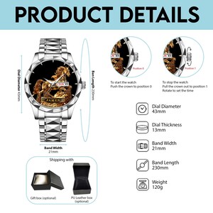 May include: Silver-toned wristwatch with a black face featuring a golden horse design. The watch has a 43mm dial diameter, 21mm band width, and a 230mm band length. The watch face also displays the day and date. The watch weighs 120g.