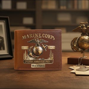 Custom Marine Corps 250th Anniversary Leather Wallet, Marine Corps Wallet, Veteran Leather Wallet, with Eagle and Globe Design