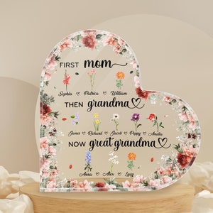 Personalized First Mom, Then Grandma, Now Great Grandma Birth Month Flowers Heart Acrylic Plaque For Great Grandmother, Grandma Gifts