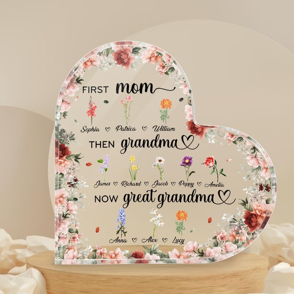 Personalisierte erste Mutter, dann Oma, jetzt Urgroßmutter, Geburtsmonat, Blumen, Herz, Acryl-Plakette für Urgroßmutter, Oma-Geschenke