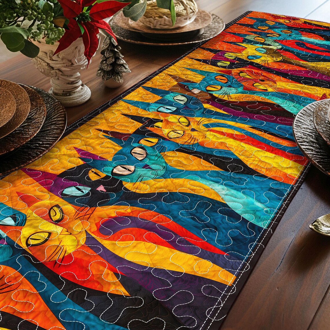 Colorful Cats Quilted Christmas Table Runner, Christmas Table Runner ...