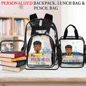 Sac à dos transparent personnalisé pour la rentrée des classes pour enfants afro-américains, sac à lunch transparent pour petits garçons noirs, trousse transparente, cadeau d'anniversaire pour enfant