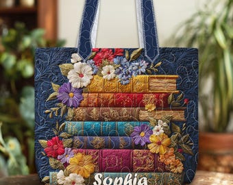 Personalized Book Lover Quilt Tote Bag, Reading Lover Bags, Bookish Gift, Quilt Tote Bag Gift For Book Lovers, Christmas Bookworm Tote Bag