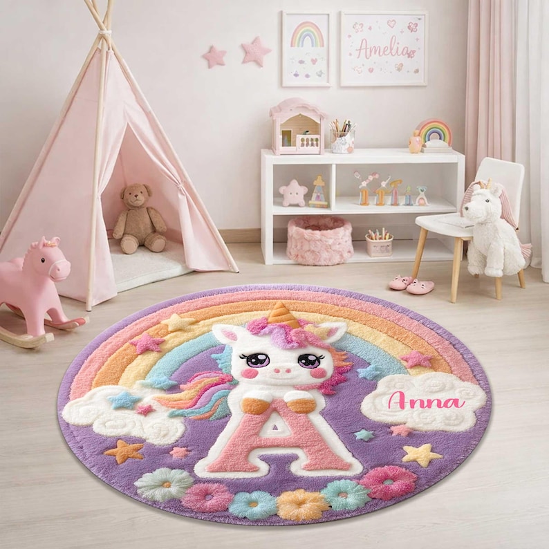 Personalized Unicorn Round Rug for Girls, Cute Rainbow Nursery Rug With ...