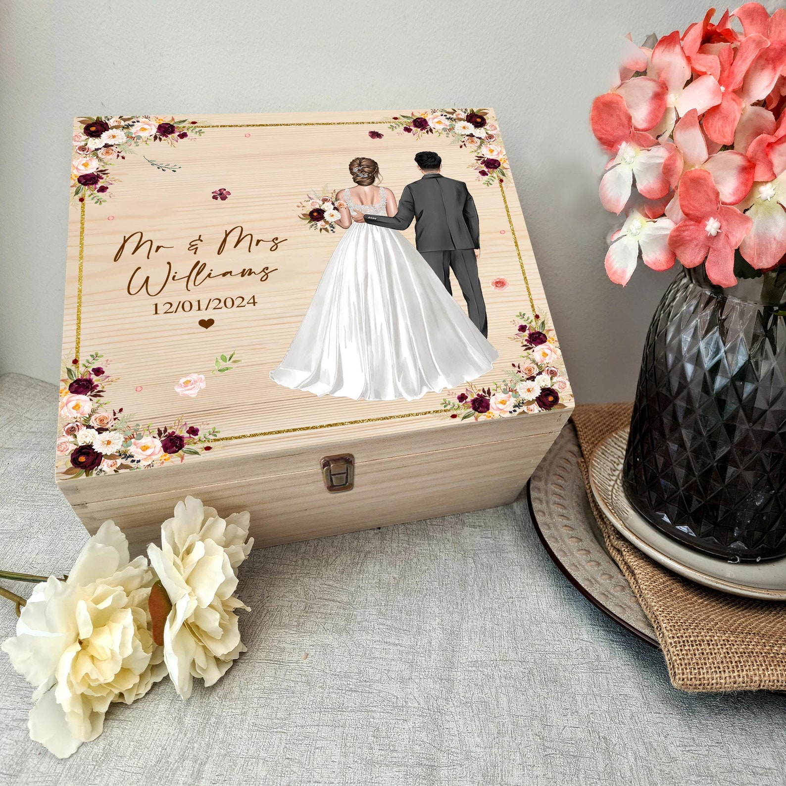 Personalised Floral Keepsake Box for Wedding, Custom Mr & Mrs Wedding ...