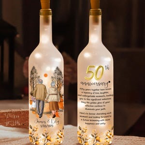 Personalized 50th Wedding Anniversary Bottle Lamp, 50 Gold Wedding Gifts For Parents, Golden 50 Anniversary Bottle Lamp Gift, Husband Gift
