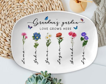 Personalized Birth Month Flowers Grandma's Garden Platter, Mom's Garden Platter, Grandma, Mom Floral Plate, Christmas Gifts For Mom/Grandma