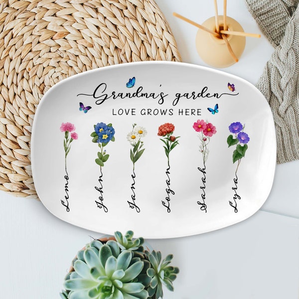 Personalized Birth Month Flowers Grandma's Garden Platter, Mom's Garden Platter, Grandma, Mom Floral Plate, Christmas Gifts For Mom/Grandma