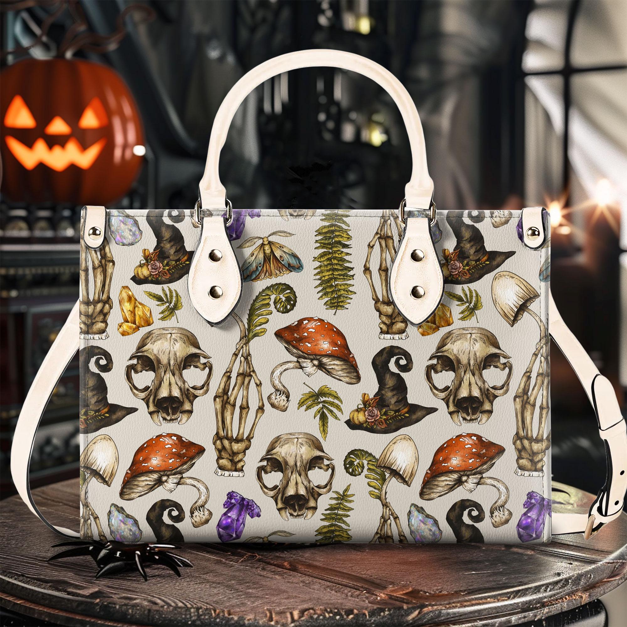 Discover Vintage Halloween Magic Amanita Mushroom, Skeleton Leather Handbag, Trick Or Treat Halloween Bags, Spooky Fashion Accessory