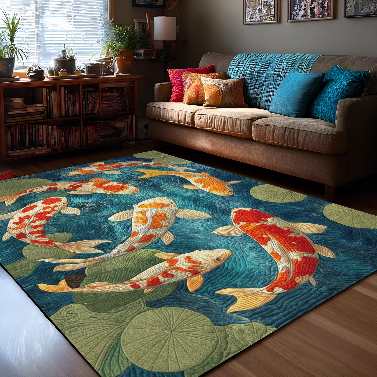 Koi Fish Area Rug, Japanese Zen Carp Rug, Pond Fish Art Floor Rug ...