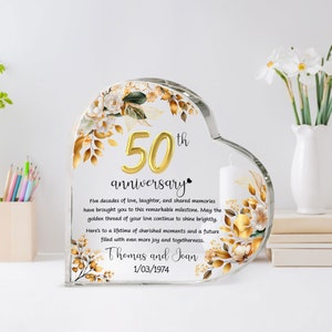 Gepersonaliseerde 50e huwelijksverjaardag cadeau hart acryl plaque, 50 gouden huwelijksgeschenken voor ouders, gouden 50 jubileum cadeau, echtgenoot cadeau