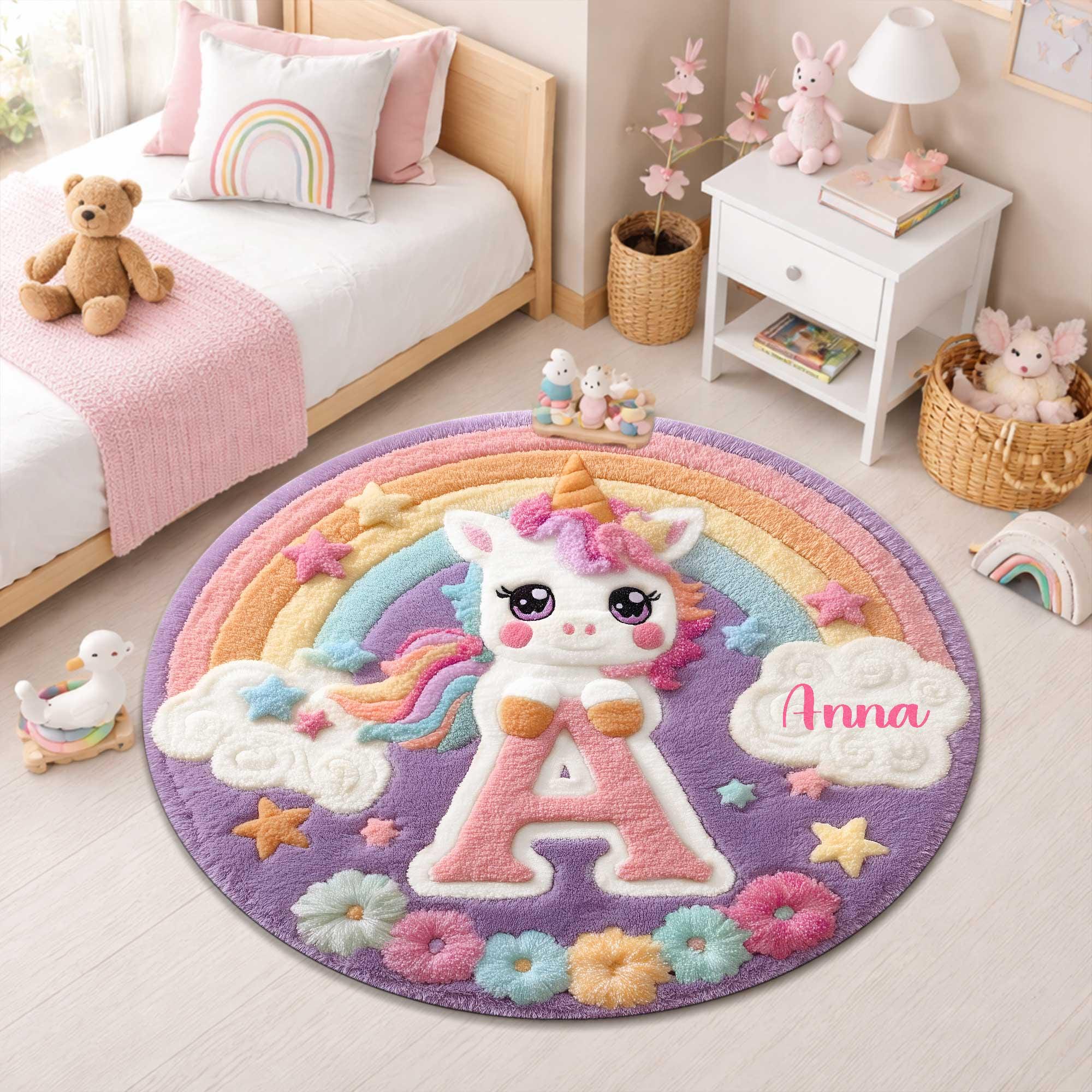 Personalized Unicorn Round Rug for Girls, Cute Rainbow Nursery Rug With ...