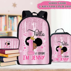 Sac à dos personnalisé pour la rentrée des classes pour enfants afro-américains, sac à lunch petite fille noire, trousse à crayons, cadeaux de rentrée des classes pour enfant noir