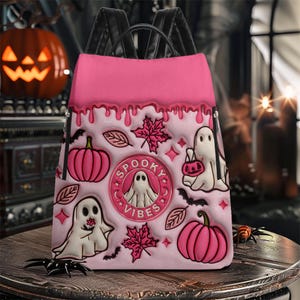 Spooky Vibe Print 3D Effect PU Leather Backpack, Ghost Pumpkin Print 3D Leather Backpack, Halloween Backpack, Trick Or Treat Halloween Bags