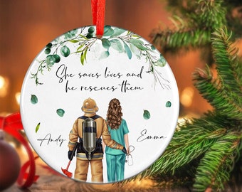 Personalized firefighter and nurse couple Christmas ceramic circle ornament, potrait nurse and firefighter, firefighter gift, nurse gift