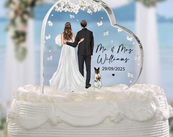Personalized Heart Acrylic Plaque Wedding Cake Topper, Bride And Groom With Dogs, Cats, Custom Dress, Flowers, Wedding Gift, Wedding Decor