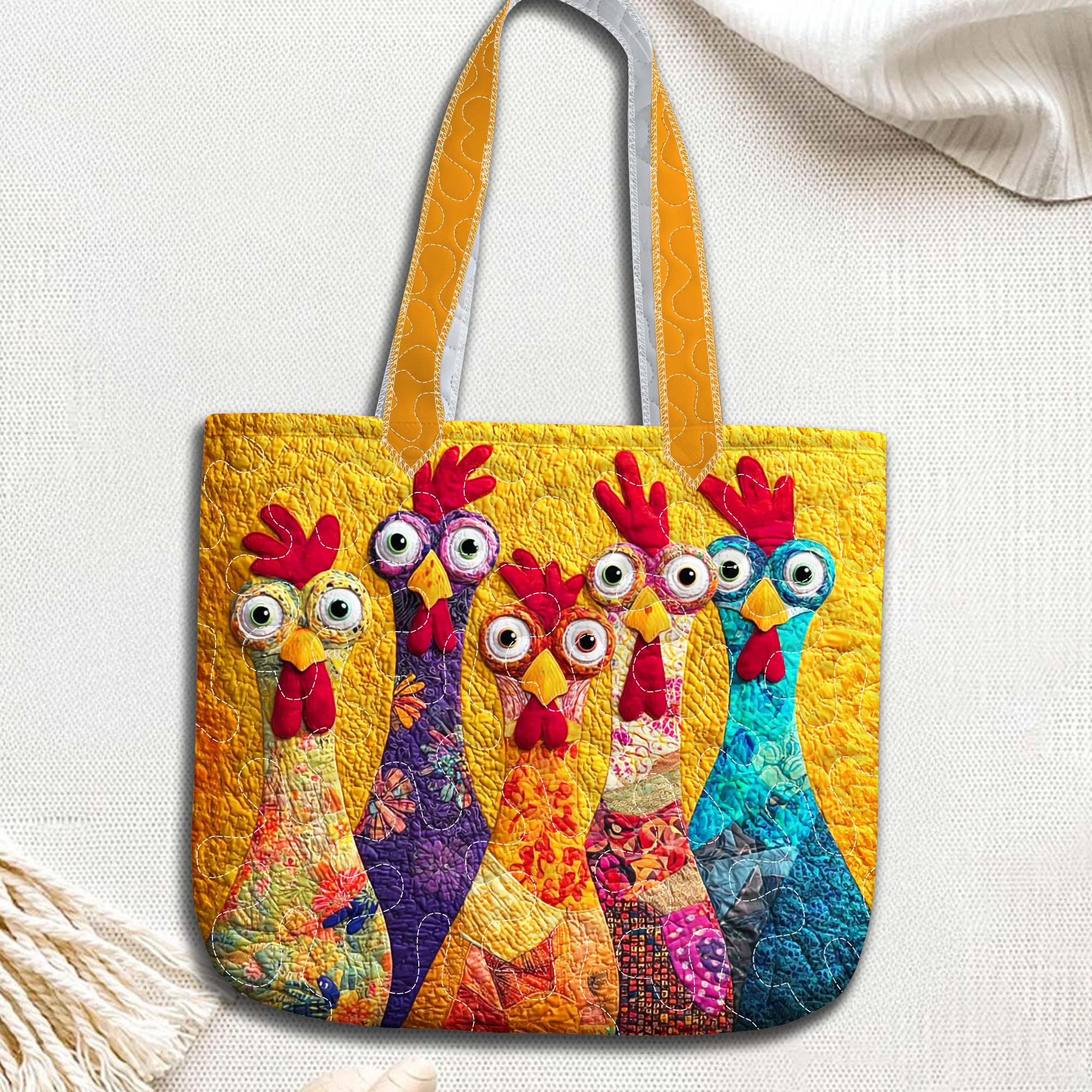 Chicken Quilt Tote Bag, Colorful Printed Patchwork Chicken Purse