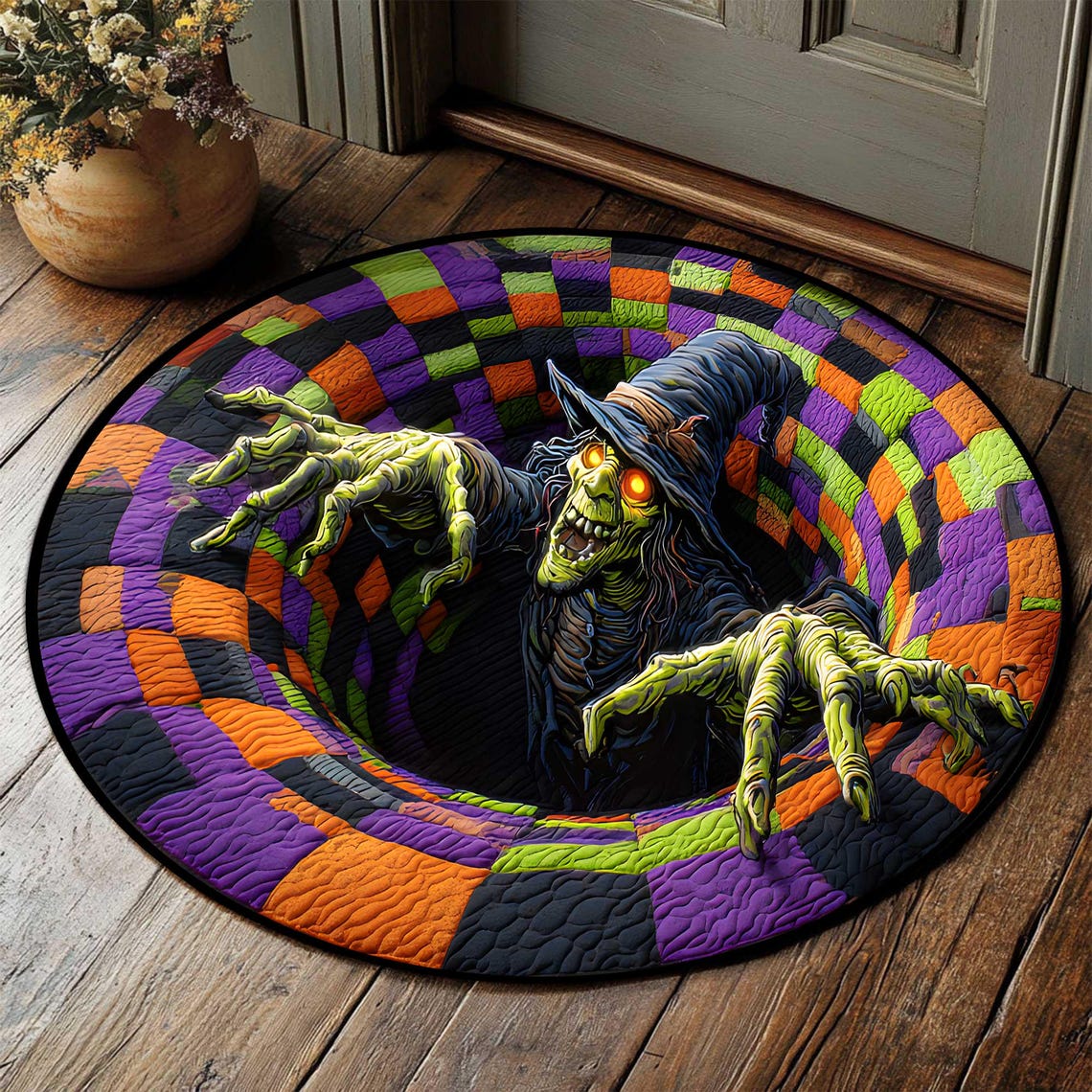 May include: A round Halloween doormat featuring a witch emerging from a checkered hole. The mat has a black border and a colorful design with orange, purple, and green squares. The witch has green skin, a black hat, and glowing orange eyes, with outstretched hands.
