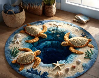 3D Effect Print Turtle Rug, Ocean Animal Round Rug, Marine Life Home Decor, Ocean Lover Gift, Turquoise Sea Turtle Rug, Turtle Lovers Gift