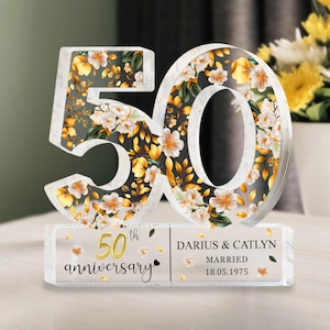 Personalisiertes 50. Hochzeitsjubiläumsgeschenk Acrylblock, 50. goldene Hochzeitsgeschenke für Eltern, Großeltern, 50. Goldjubiläum