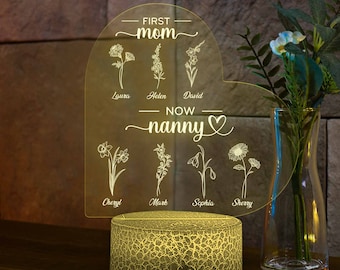 Personalized First Mom, Now Grandma Heart 3D Led Night Light, Birth Month Flowers Gifts For Mom, Birthday Gifts For Grandma, Nana Lamp Gift